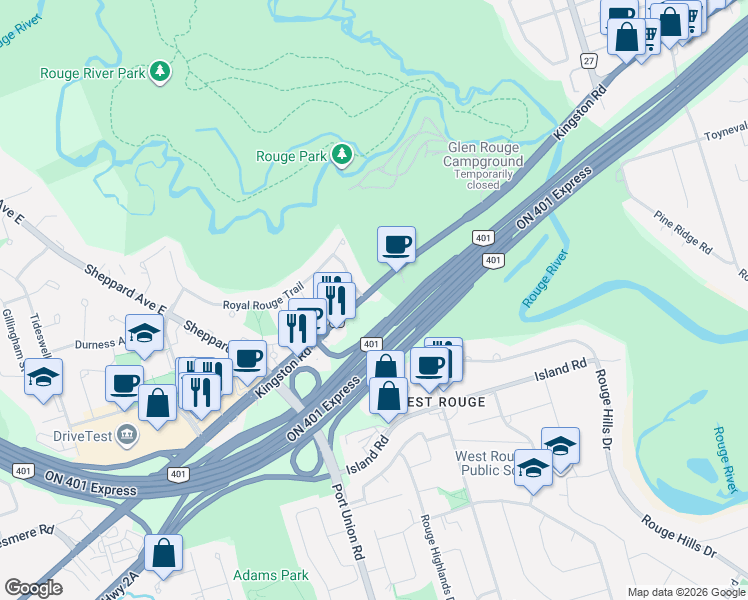 map of restaurants, bars, coffee shops, grocery stores, and more near 7439 Kingston Road in Toronto