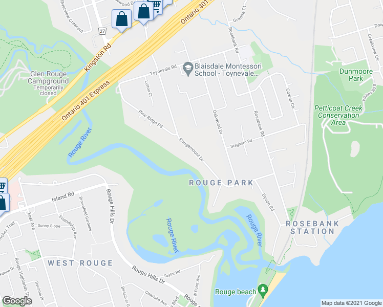 map of restaurants, bars, coffee shops, grocery stores, and more near 494 Rougemount Drive in Pickering
