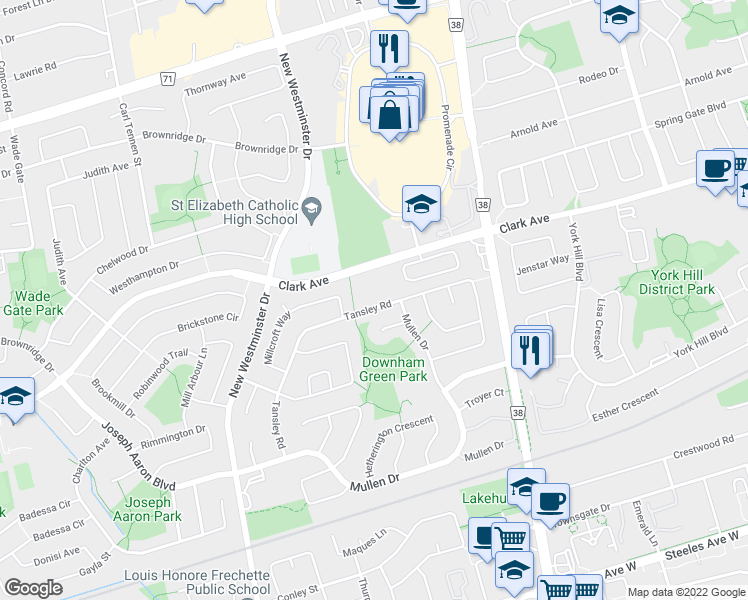 map of restaurants, bars, coffee shops, grocery stores, and more near 242 Tansley Road in Vaughan