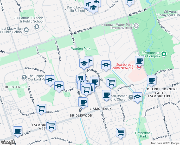 map of restaurants, bars, coffee shops, grocery stores, and more near 2451 Bridletowne Circle in Toronto