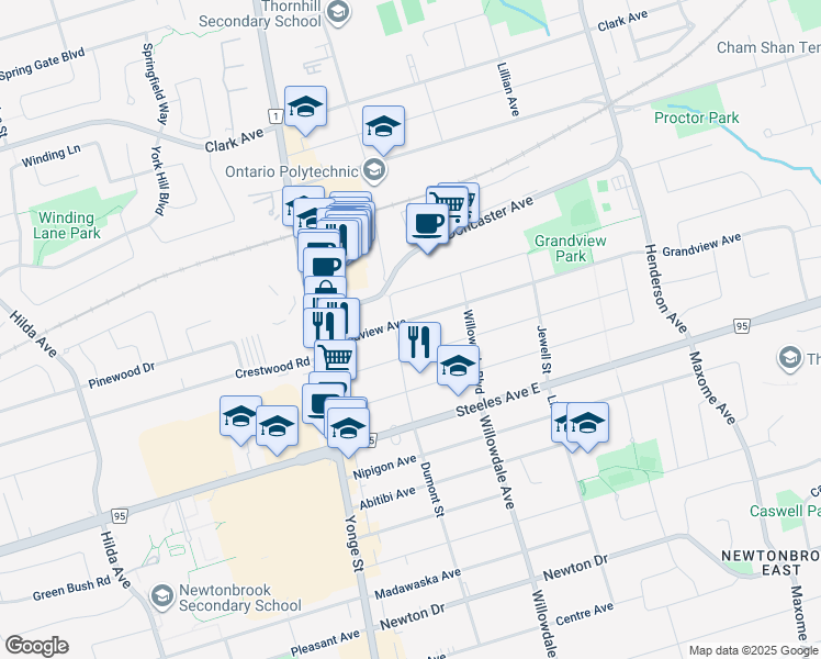 map of restaurants, bars, coffee shops, grocery stores, and more near 37 Grandview Avenue in Markham