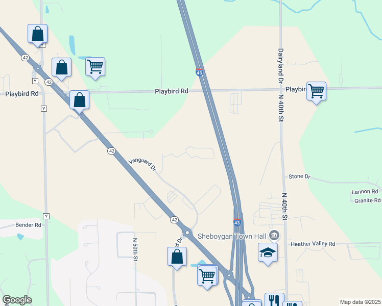 map of restaurants, bars, coffee shops, grocery stores, and more near 4825 Vanguard Drive in Sheboygan
