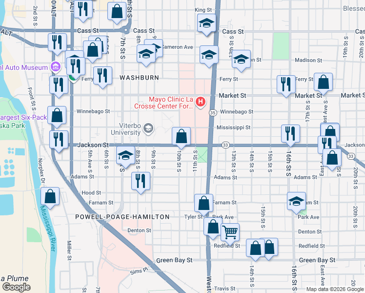 map of restaurants, bars, coffee shops, grocery stores, and more near 815 10th Street in La Crosse