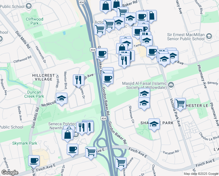 map of restaurants, bars, coffee shops, grocery stores, and more near 105 Gordon Baker Road in Toronto