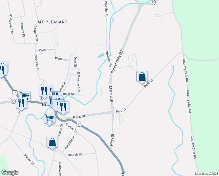 map of restaurants, bars, coffee shops, grocery stores, and more near 26 Marble Street in Brandon
