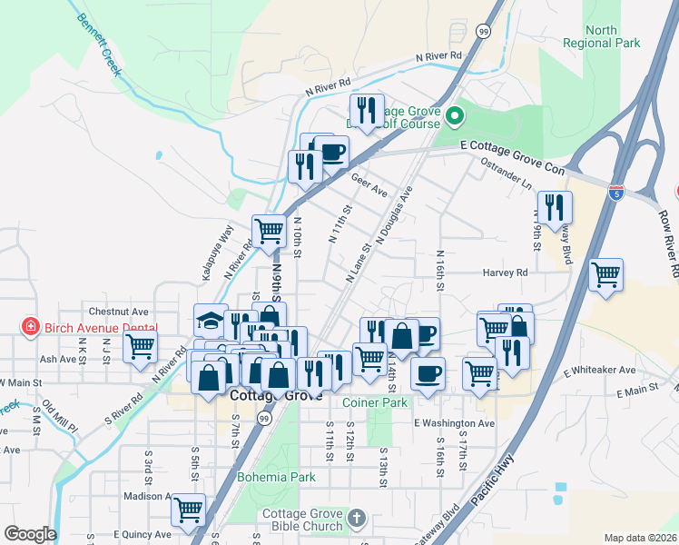 map of restaurants, bars, coffee shops, grocery stores, and more near 1141 Thayer Avenue in Cottage Grove