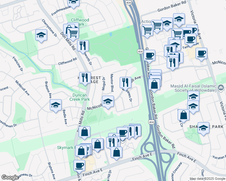 map of restaurants, bars, coffee shops, grocery stores, and more near 33 Mentor Boulevard in Toronto