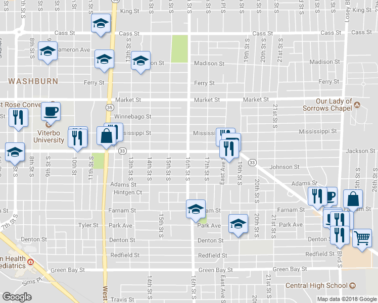 map of restaurants, bars, coffee shops, grocery stores, and more near 1600 Jackson Street in La Crosse