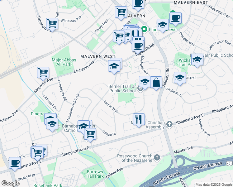 map of restaurants, bars, coffee shops, grocery stores, and more near 33 Nahanni Terrace in Toronto