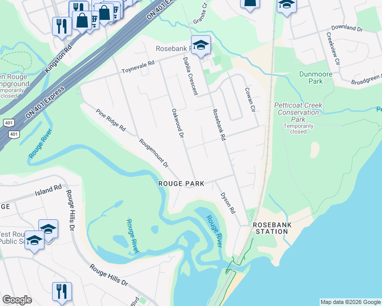 map of restaurants, bars, coffee shops, grocery stores, and more near 479 Oakwood Drive in Pickering