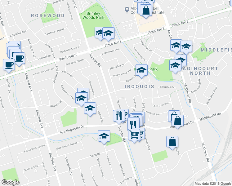 map of restaurants, bars, coffee shops, grocery stores, and more near 211 Chartland Boulevard South in Toronto