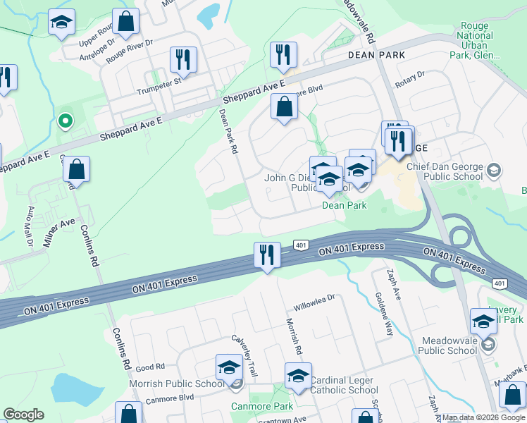 map of restaurants, bars, coffee shops, grocery stores, and more near 171 Dean Park Road in Toronto