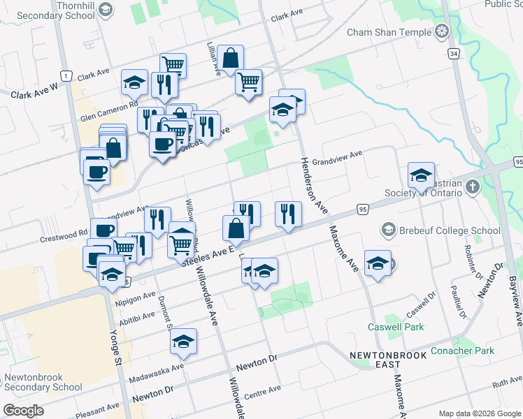 map of restaurants, bars, coffee shops, grocery stores, and more near 112 Highland Park Boulevard in Markham