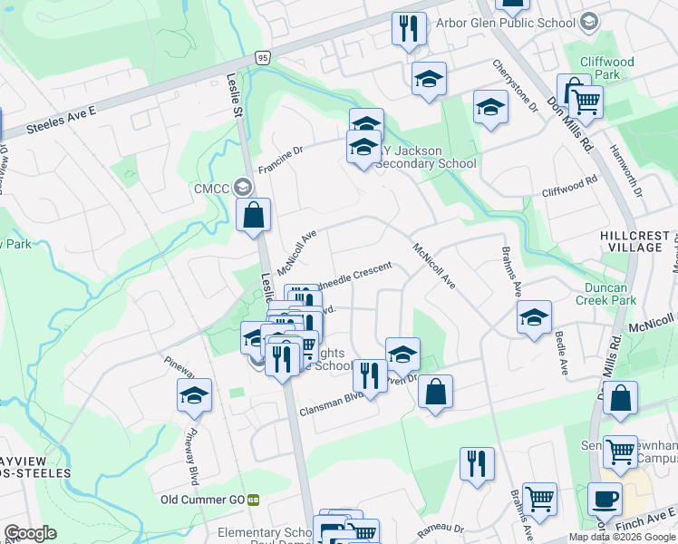 map of restaurants, bars, coffee shops, grocery stores, and more near 40 Threadneedle Crescent in Toronto