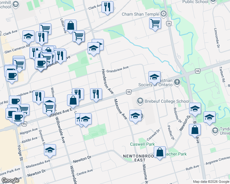 map of restaurants, bars, coffee shops, grocery stores, and more near 3 Henderson Avenue in Markham