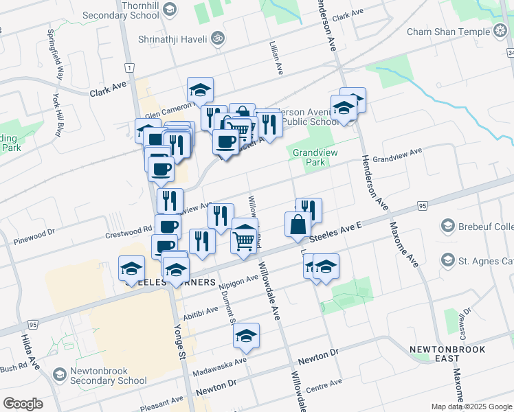 map of restaurants, bars, coffee shops, grocery stores, and more near 66 Woodward Avenue in Markham