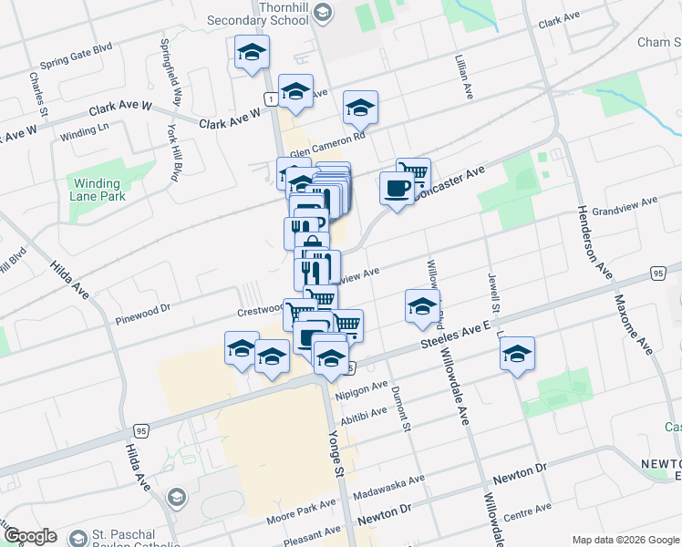 map of restaurants, bars, coffee shops, grocery stores, and more near 18 Grandview Avenue in Markham