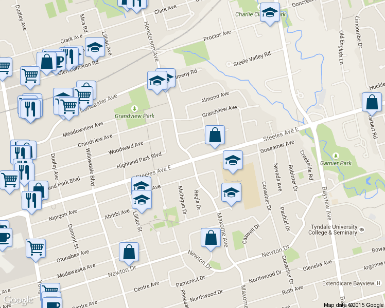 map of restaurants, bars, coffee shops, grocery stores, and more near 3 Henderson Avenue in Markham