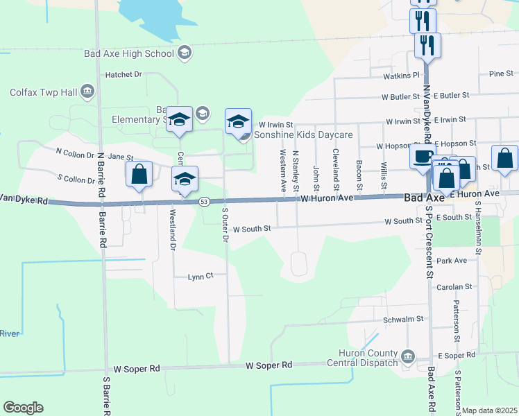 map of restaurants, bars, coffee shops, grocery stores, and more near 624-636 West Huron Avenue in Bad Axe