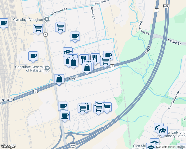 map of restaurants, bars, coffee shops, grocery stores, and more near 2055 Highway 7 in Vaughan