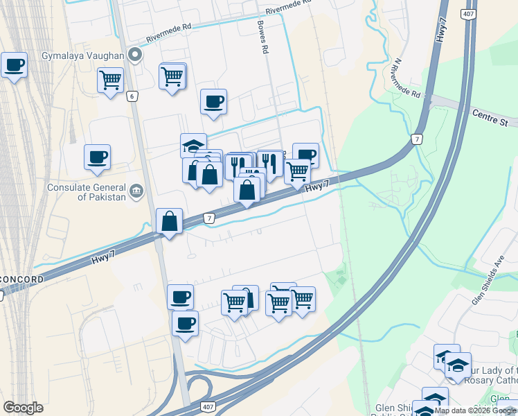 map of restaurants, bars, coffee shops, grocery stores, and more near in Vaughan