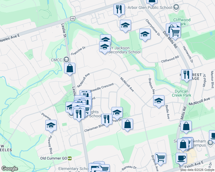 map of restaurants, bars, coffee shops, grocery stores, and more near 57 Threadneedle Crescent in Toronto