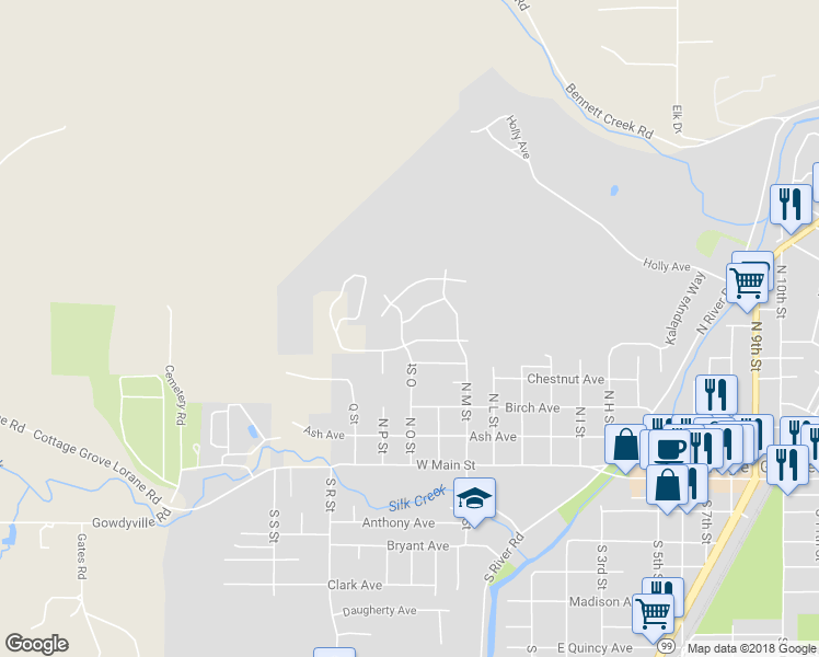 map of restaurants, bars, coffee shops, grocery stores, and more near 594 North O Street in Cottage Grove