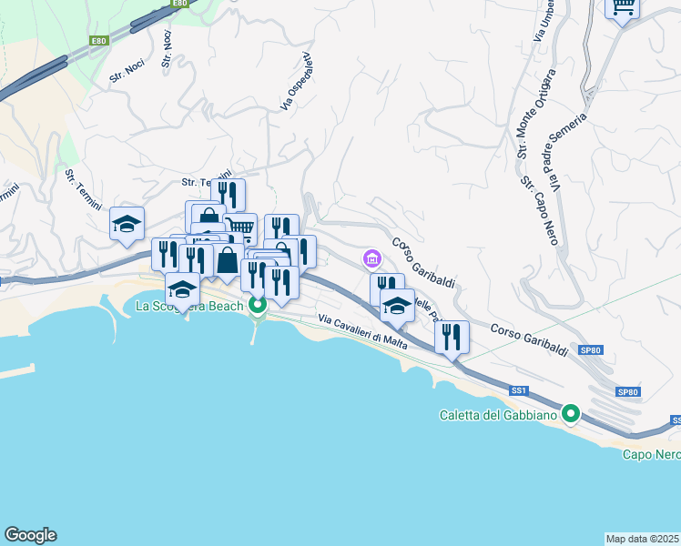 map of restaurants, bars, coffee shops, grocery stores, and more near 15 Corso Regina Margherita in Ospedaletti