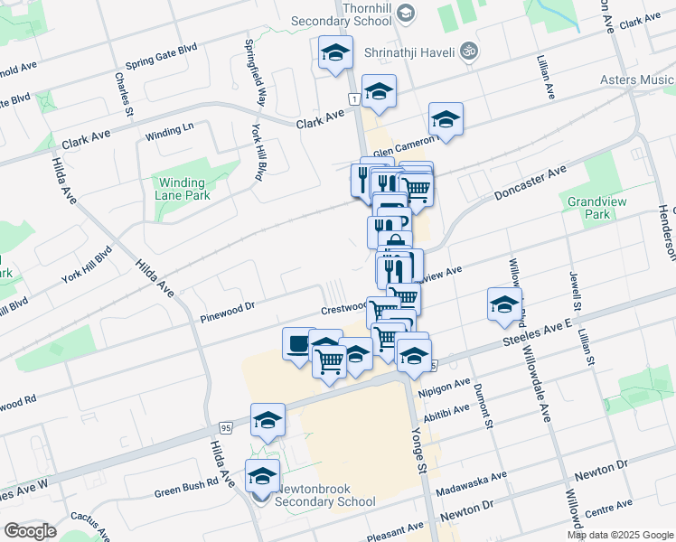 map of restaurants, bars, coffee shops, grocery stores, and more near 7200 Yonge Street in Vaughan