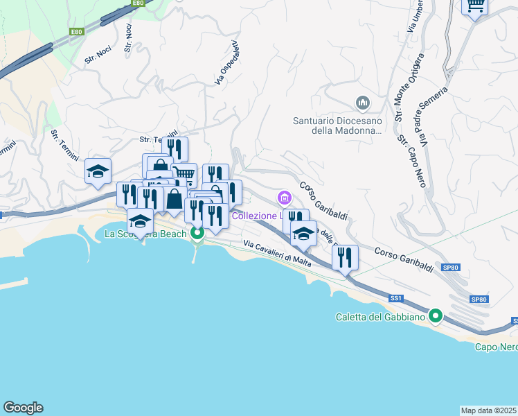 map of restaurants, bars, coffee shops, grocery stores, and more near 15 Corso Regina Margherita in Ospedaletti