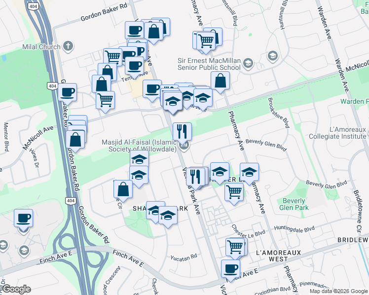 map of restaurants, bars, coffee shops, grocery stores, and more near 34 Iangrove Terrace in Toronto