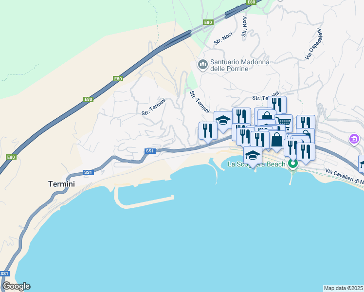 map of restaurants, bars, coffee shops, grocery stores, and more near 1 Strada Valdirodi in Ospedaletti