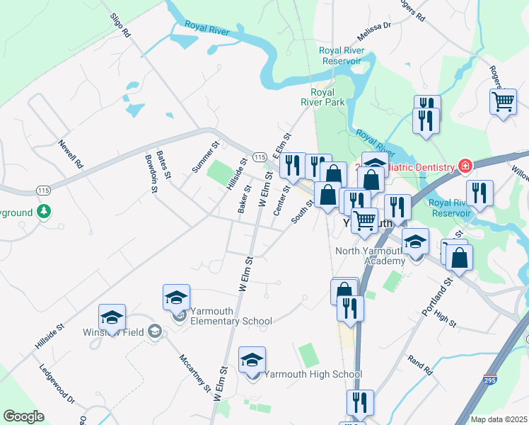 map of restaurants, bars, coffee shops, grocery stores, and more near 62 West Elm Street in Yarmouth