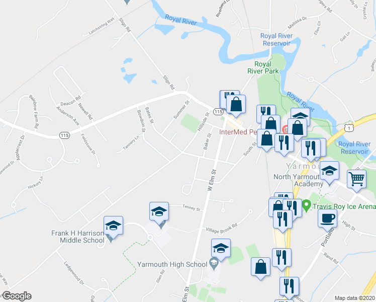 map of restaurants, bars, coffee shops, grocery stores, and more near 81 Cumberland Street in Yarmouth