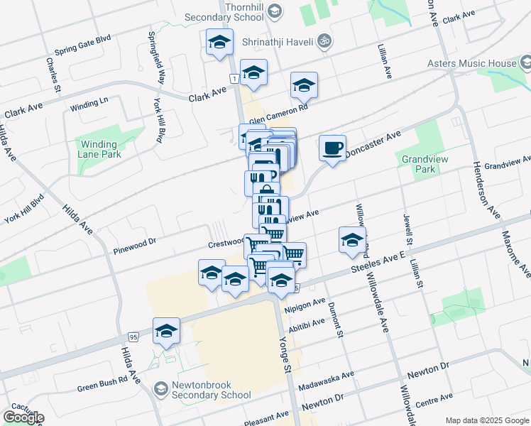 map of restaurants, bars, coffee shops, grocery stores, and more near 7123 Yonge Street in Markham