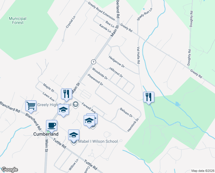 map of restaurants, bars, coffee shops, grocery stores, and more near 18 Pinewood Drive in Cumberland