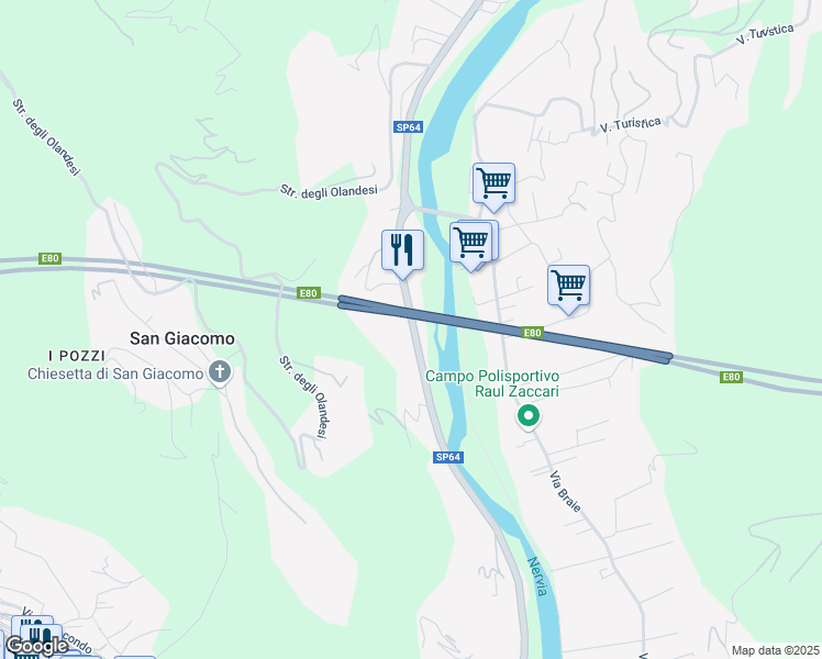 map of restaurants, bars, coffee shops, grocery stores, and more near 120 Corso della Repubblica in Camporosso