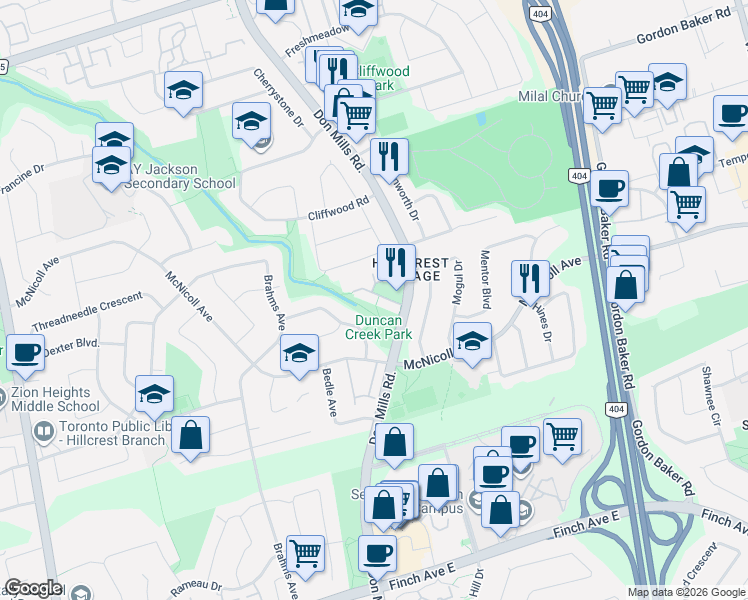 map of restaurants, bars, coffee shops, grocery stores, and more near 20 Moonstone Byway in Toronto