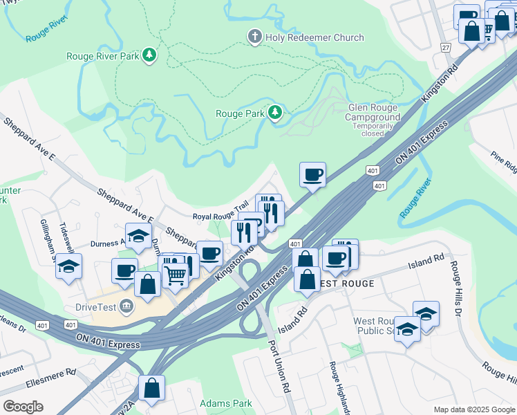 map of restaurants, bars, coffee shops, grocery stores, and more near in Toronto