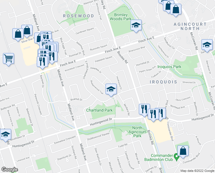 map of restaurants, bars, coffee shops, grocery stores, and more near 15 Shellamwood Trail in Toronto
