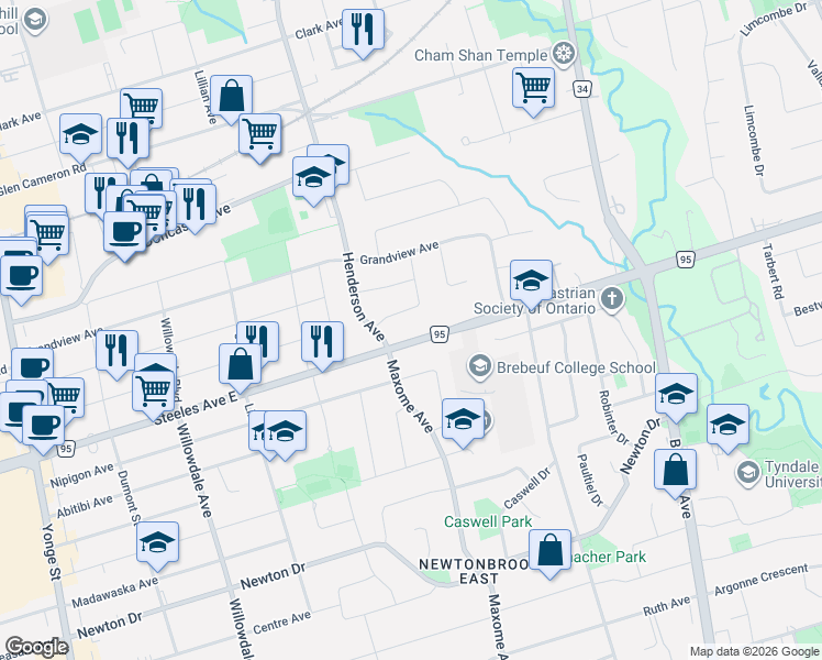 map of restaurants, bars, coffee shops, grocery stores, and more near 162 Steeles Avenue East in Markham