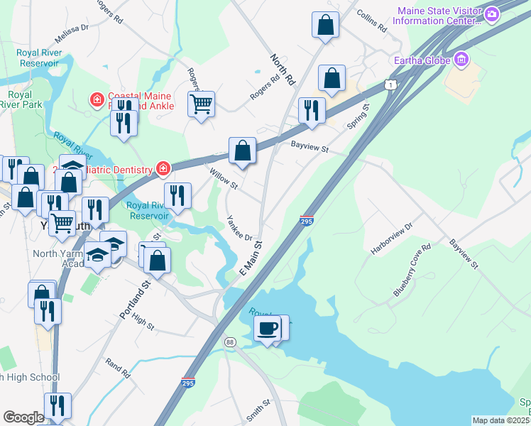 map of restaurants, bars, coffee shops, grocery stores, and more near 20 Spring Street in Yarmouth