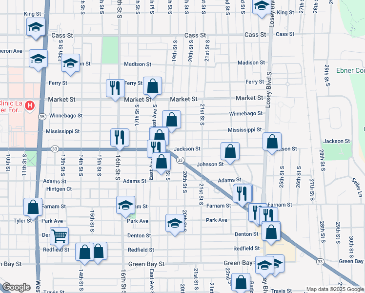 map of restaurants, bars, coffee shops, grocery stores, and more near 832 20th Street South in La Crosse
