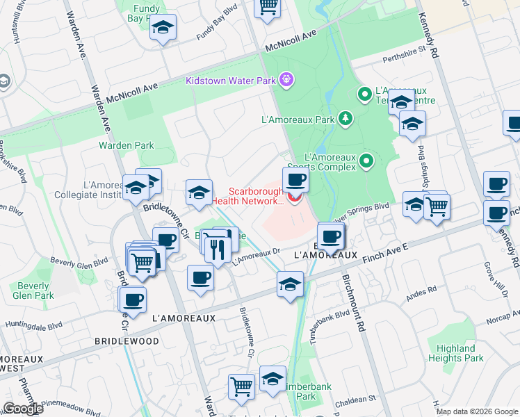 map of restaurants, bars, coffee shops, grocery stores, and more near 64 Tambrook Drive in Toronto