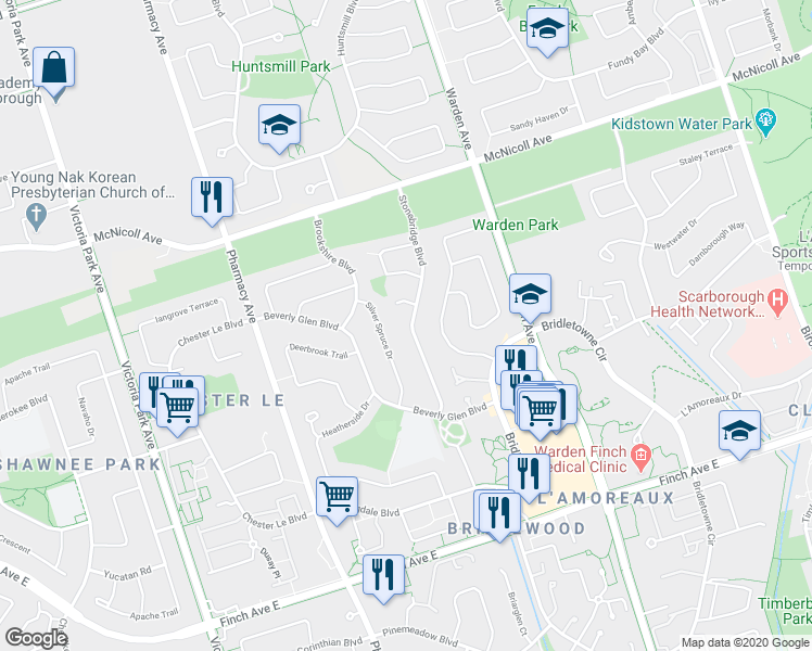map of restaurants, bars, coffee shops, grocery stores, and more near 42 Stonebridge Boulevard in Toronto