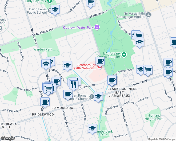 map of restaurants, bars, coffee shops, grocery stores, and more near 64 Tambrook Drive in Toronto