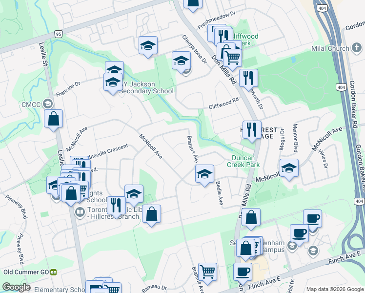 map of restaurants, bars, coffee shops, grocery stores, and more near 11 Bellemeade Lane in Toronto