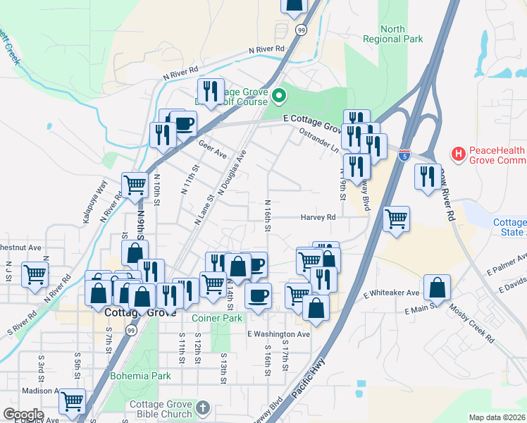 map of restaurants, bars, coffee shops, grocery stores, and more near 625 North 16th Street in Cottage Grove