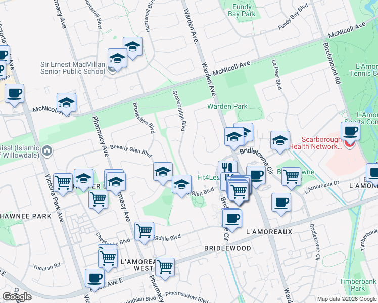 map of restaurants, bars, coffee shops, grocery stores, and more near 80 Glen Springs Drive in Toronto