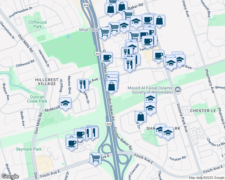 map of restaurants, bars, coffee shops, grocery stores, and more near 105 Gordon Baker Road in Toronto